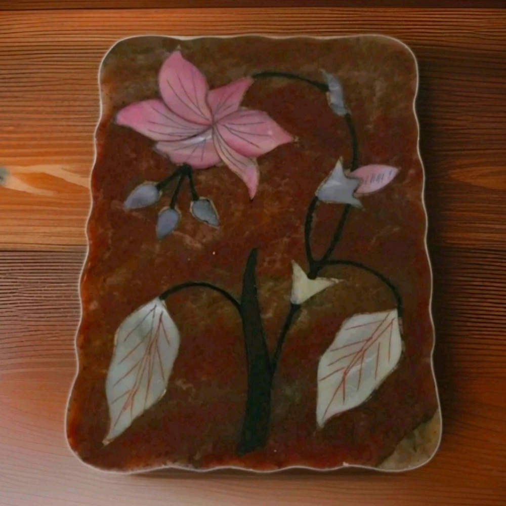 Vintage MOP Shell Inlay Red Marble Stone Trinket Box Flower Jewelry Box